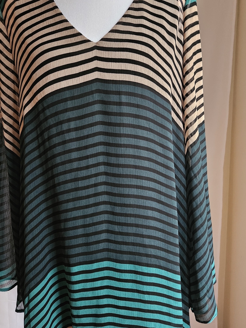 ECI New York Shift Dress Size 8 Striped V-Neck Bell Sleeve Sheer Overlay Teal - Picture 7 of 15